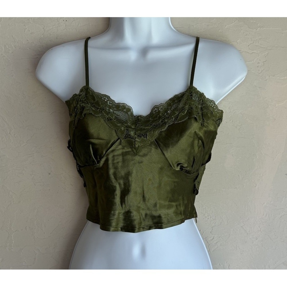 Satin Lace Cropped Cami Tank Top XS Fairy Grunge Whimsigoth Olive Green
